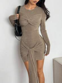 SHEIN EZwear 女士时尚纯色扭纹缎面长袖迷你连衣裙 - 棕色 - 查看 4