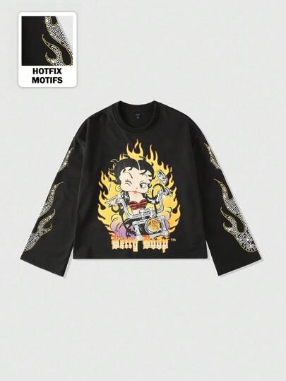 Betty Boop | ROMWE Men's Everyday Cartoon Figure Graphic Loose Fit Rhinestone Embellished Sweatshirt