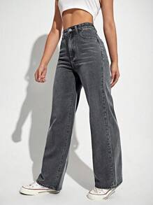 Jeanoix High Waist Straight Leg Jeans Y2k - Dark Grey - View 4