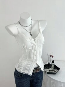 Elamini Áo hai dây ngắn tay ôm vừa vặn, thường ngày, đa năng, phối ren ngọt ngào - trắng - Xem 8