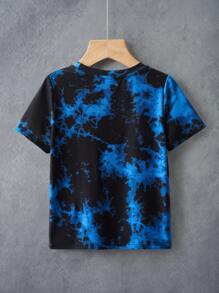 GODZILLAxKONG X SHEIN Young Boy Tie-Dye Monster Pattern Loose Fit Crew Neck Short Sleeve T-Shirt - BLUE AND BLACK - View 3