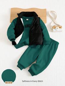 Cozy Pixies Bộ 3 áo hoodie cổ tròn tay dài in chữ mềm mại lót nhiệt cho bé trai, quần rút dây và áo ba lỗ không tay mùa thu đông - Màu xanh lá cây đậm - Xem 10