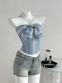 Flirla Back To School Striped Shirt With Bowknot Design Button Camisole Top - Baby Blue - View 1