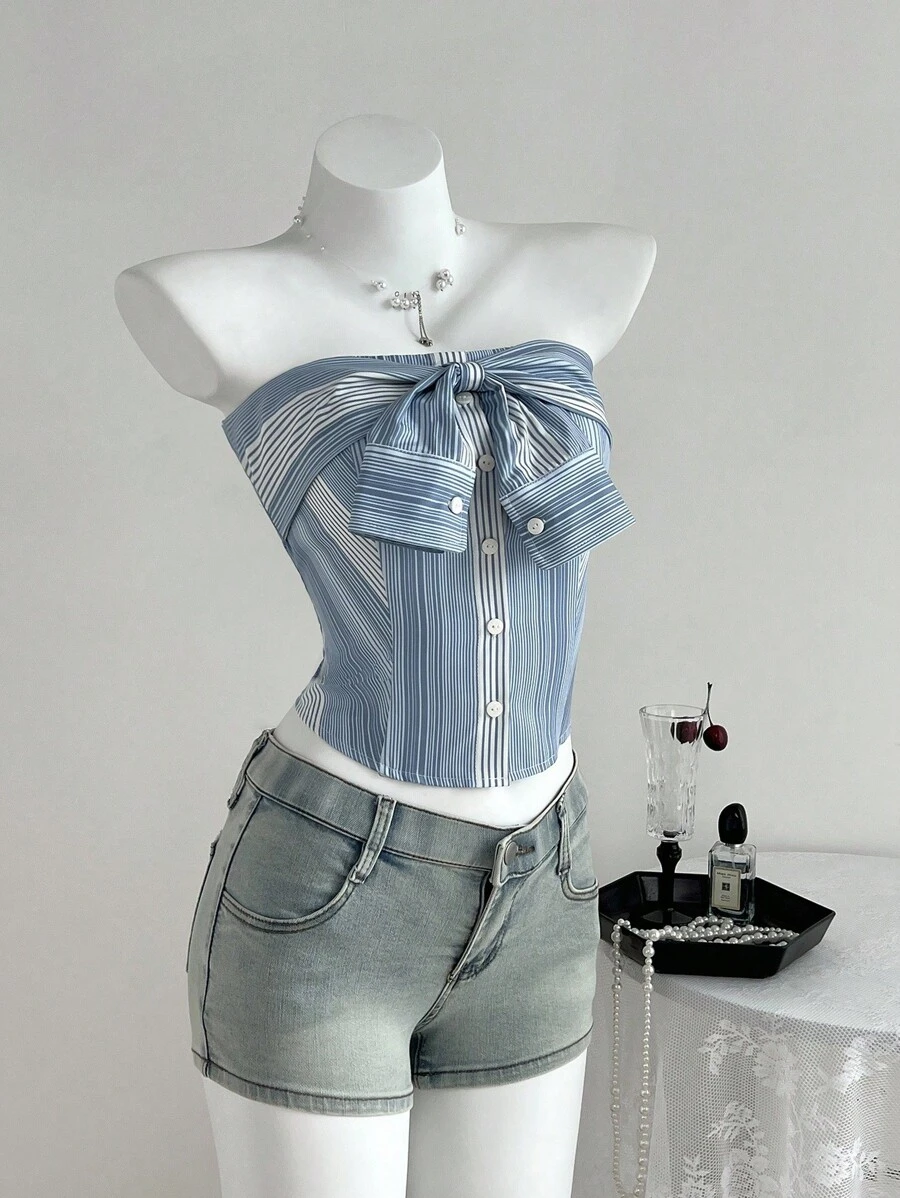 Flirla Back To School Striped Shirt With Bowknot Design Button Camisole Top - Baby Blue - View 1