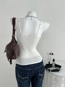 Elamini Áo hai dây ngắn tay ôm vừa vặn, thường ngày, đa năng, phối ren ngọt ngào - trắng - Xem 2