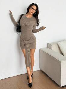 SHEIN EZwear 女士时尚纯色扭纹缎面长袖迷你连衣裙 - 棕色 - 查看 3