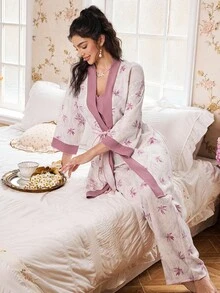 CottageSlumber 3pcs Women's Solid Color Camisole Top, Floral Print Pants And Robe Sleepwear Set, Comfortable & Romantic For Holiday Season Women Pj Sets 3 Piece Pajama Set Women - Purple - View 6