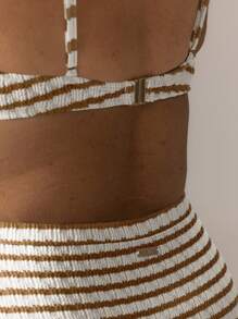 Aralina 曲线可爱条纹钢圈高腰比基尼套装，带游泳包，适合度假和 7 月 4 日，是夏季服装和海滩日的完美选择 - 巧克力棕 - 查看 6