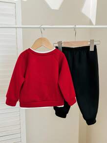 SHEIN 2 件套男婴/女婴休闲可爱图案落肩宽松圆领针织衫和松紧腰针织裤两件套服装，适合秋冬穿着 - 彩色 - 查看 2