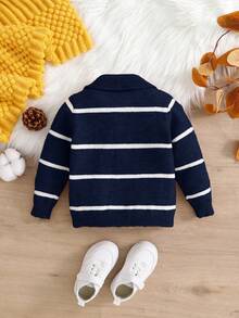 SHEIN 男婴休闲学院风可爱时尚百搭卡其白条纹领开衫毛衣外套，适合秋冬季节穿着。男婴条纹开衫，男婴拉链毛衣，儿童开衫，男婴毛衣，男婴秋季开衫 - 彩色 - 查看 8