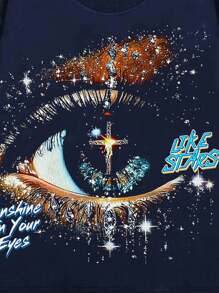 ROMWE MEN Grunge Punk Men's Sparkling Diamond Print Long Sleeve T-Shirt, Loose Cropped Style, 2000s Style - Royal Blue - View 3