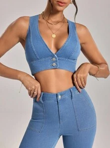 Flexra Chaqueta vaquera sin mangas, súper corta y sexy para mujer, de verano - Azul - Ver 6