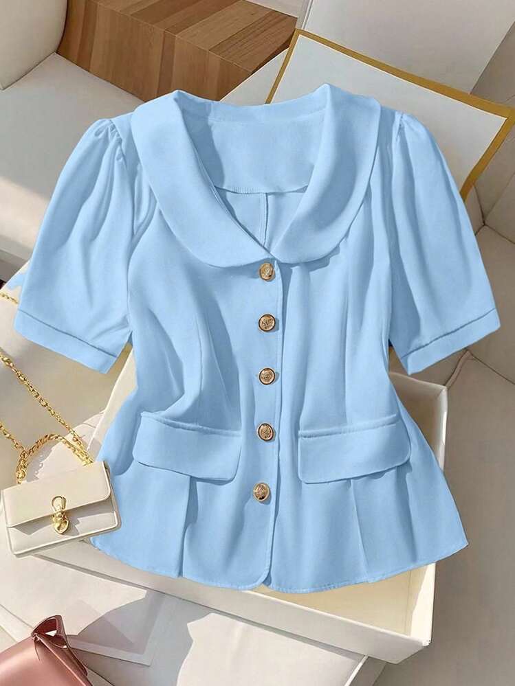 Franclia Plus Size Women's Elegant Solid Color Button-Up Short Sleeve Blouse - Blue - View 1