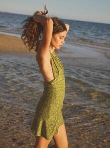 Aralina 女式露背褶饰花卉蕾丝优雅度假装迷你连衣裙