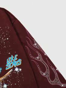 ROMWE MEN Grunge Punk 男士闪亮眼睛印花长袖 T 恤，宽松短款，2000 年代风格 - 酒紅色 - 查看 3