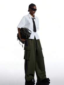 LYSMO 女士休闲百搭纯色阔腿工装裤 - 綠色 - 查看 5