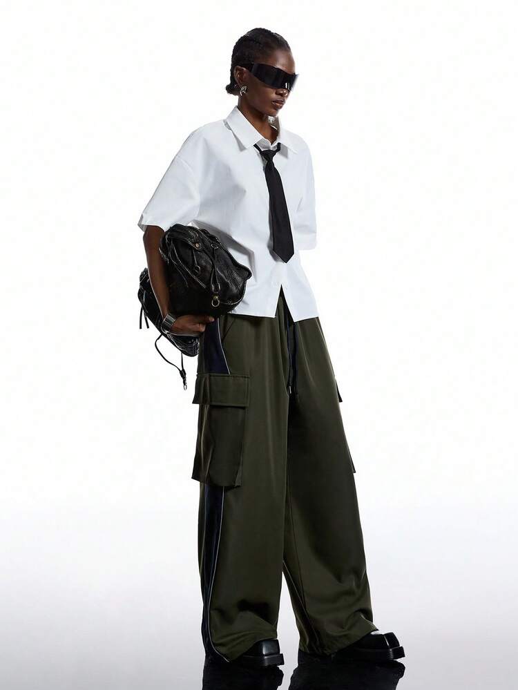 LYSMO 女士休闲百搭纯色阔腿工装裤 - 綠色 - 查看 5