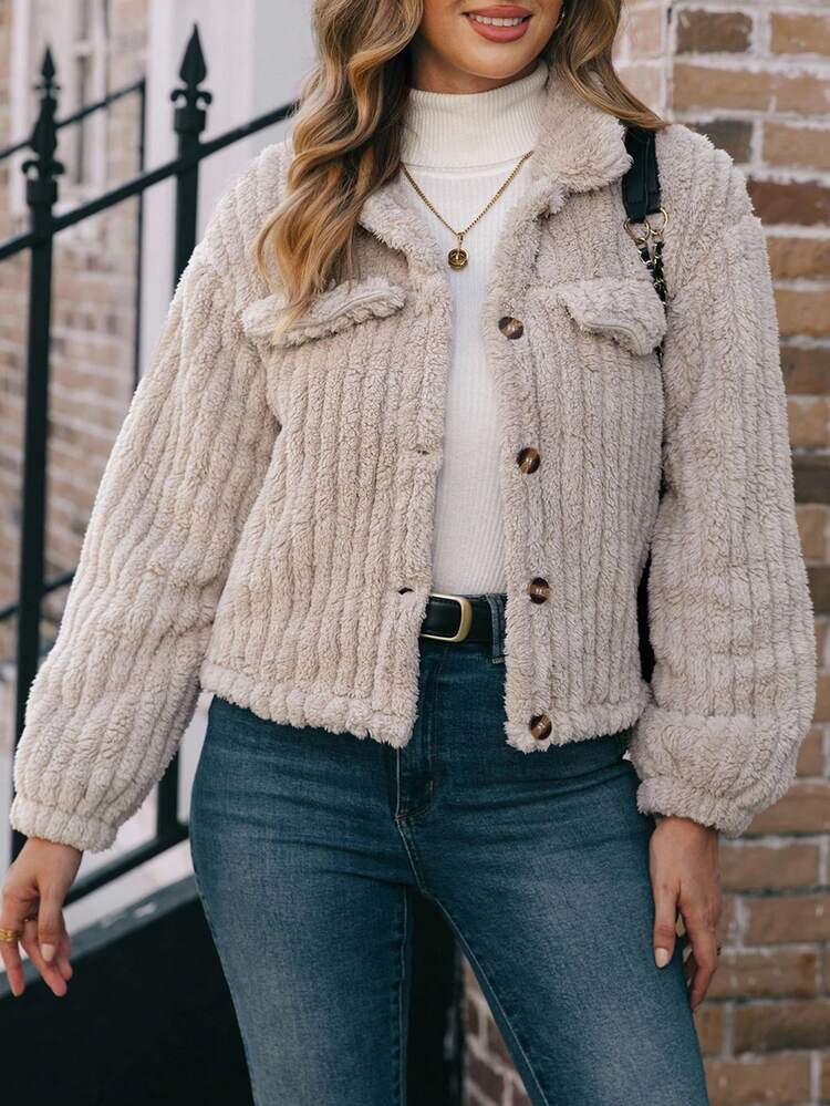 EMERY ROSE Flap Detail Fluffy Jacket - Apricot - View 4