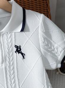 夏季新款休闲纹理针织 Polo 衫 T 恤 + 宽松短裤 2 件套年轻男孩服装，学院风 - 白色 - 查看 4