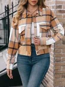 EMERY ROSE Veste à carreaux - Kaki - Voir 5