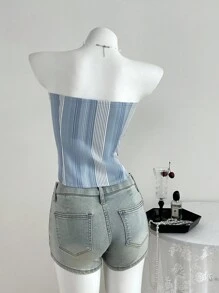 Flirla Back To School Striped Shirt With Bowknot Design Button Camisole Top - Baby Blue - View 2