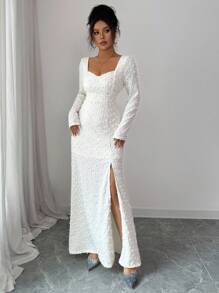 Rafferiza 纯色长袖高开衩优雅秋冬度假约会长裙 - 杏色 - 查看 5