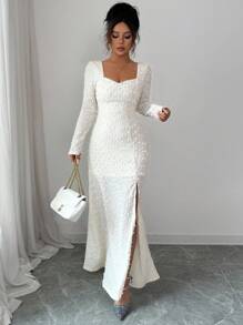 Rafferiza 纯色长袖高开衩优雅秋冬度假约会长裙 - 杏色 - 查看 8