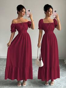Selianne Đầm casual kẻ sọc thanh lịch mới mùa xuân/hè, kiểu dáng xếp ly eo, cổ tròn, dây buộc vai, tay phồng, viền bèo, thoải mái cho công sở và kỳ nghỉ. - Màu Đỏ Sâu - Xem 6
