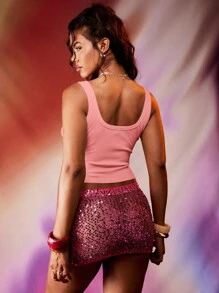 MISSGUIDED Ribbed Tank Top With Glitter Starfish Embellishments Summer Festival Beach Holiday Vacation Crop Top Sleeveless Scoop Neck Resort Wear Casual Vest - Pink - View 2