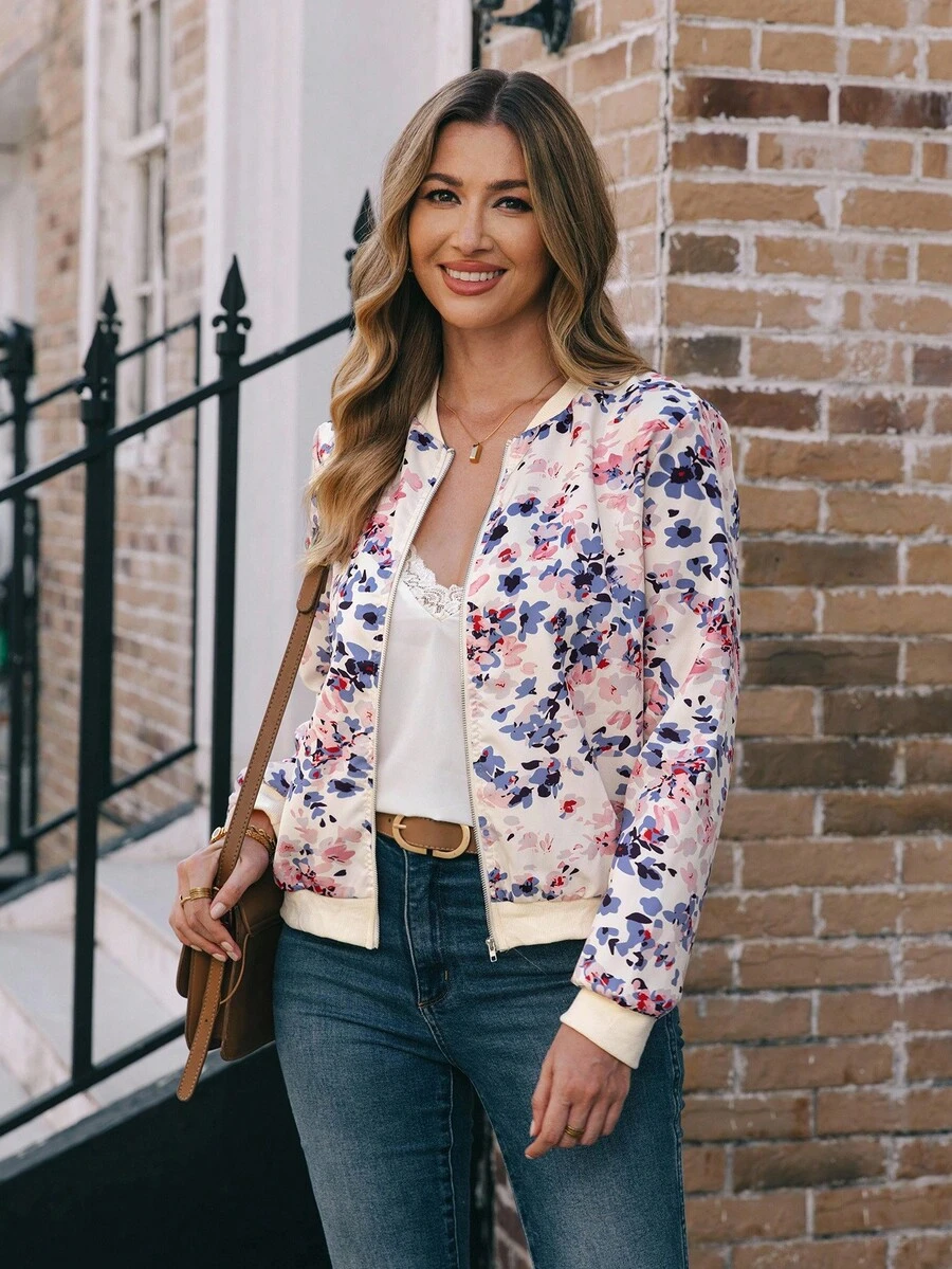 EMERY ROSE 女士花卉印花拉链夹克 - 杏色 - 查看 1