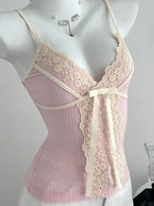 Elamini Women's Casual Lace Patchwork Knit Camisole, Autumn/Winter - Pink - View 6