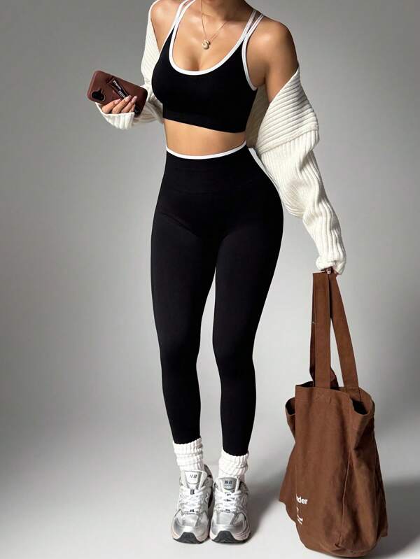 SHEIN Sport Studio Women's Yoga Contrast Trim Sleeveless Cropped Top & Fitted Leggings Casual Sports Suit