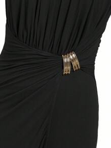 Ellevyn 夏季优雅女士纯色褶皱金属装饰无袖垂坠针织长裙 - 黑色 - 查看 7