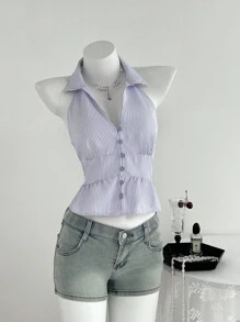 Flirla Parte superior con cuello de halter, botones y volantes a rayas para volver al colegio - Púrpura malva - Ver 6