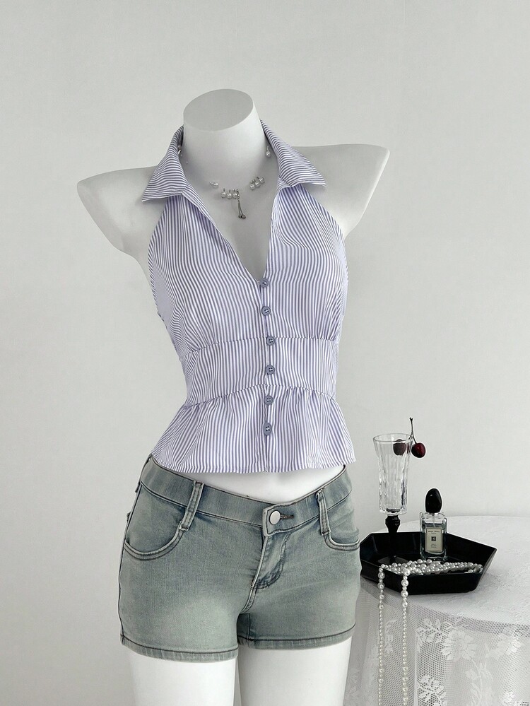 Elamini Back To School Striped Ruffle Button Decor Halter Neck Top - Mauve Purple - View 6