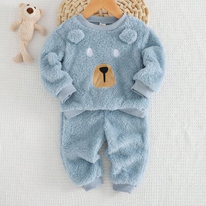 2개 베이비 보이 카툰 곰 패턴 플리스 라이닝 크루넥 긴팔 후드 및 조거 팬츠 세트