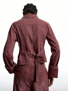 LYSMO Áo khoác denim cổ điển giặt thường ngày dành cho nữ - màu nâu - Xem 2
