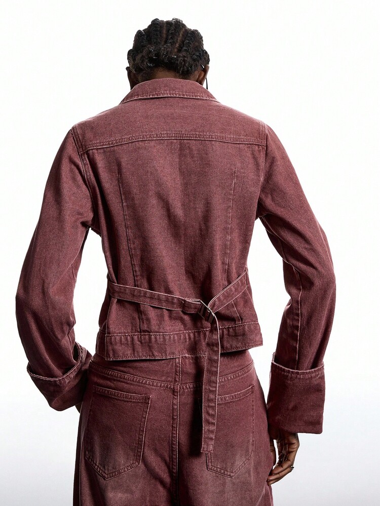 LYSMO Áo khoác denim cổ điển giặt thường ngày dành cho nữ - màu nâu - Xem 2