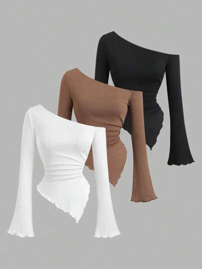 Sweetra 3pcs Women's Basic Asymmetrical Hem Long Sleeve Tops, Black, White, Khaki, Suitable For Spring, Summer, Autumn Fall Cloth For Women