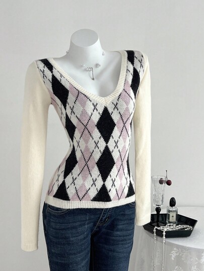 Elamini Collegiate Style Argyle Patchwork V-Neck Fitted Sweater Knit Pullover Fall Winter