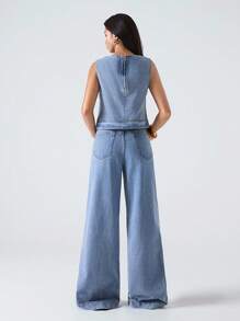 LYSMO Women's Casual Light Blue Denim Suit,Sleeveless Vest And Loose Pants Set,Summer Everyday Office Wear,Western Retro Y2K Streetwear,Festival Rave Outfit - Light Wash - View 2