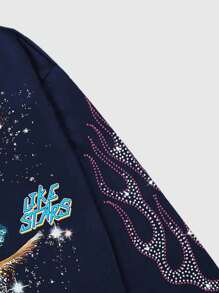 ROMWE MEN Grunge Punk Men's Sparkling Diamond Print Long Sleeve T-Shirt, Loose Cropped Style, 2000s Style - Royal Blue - View 4