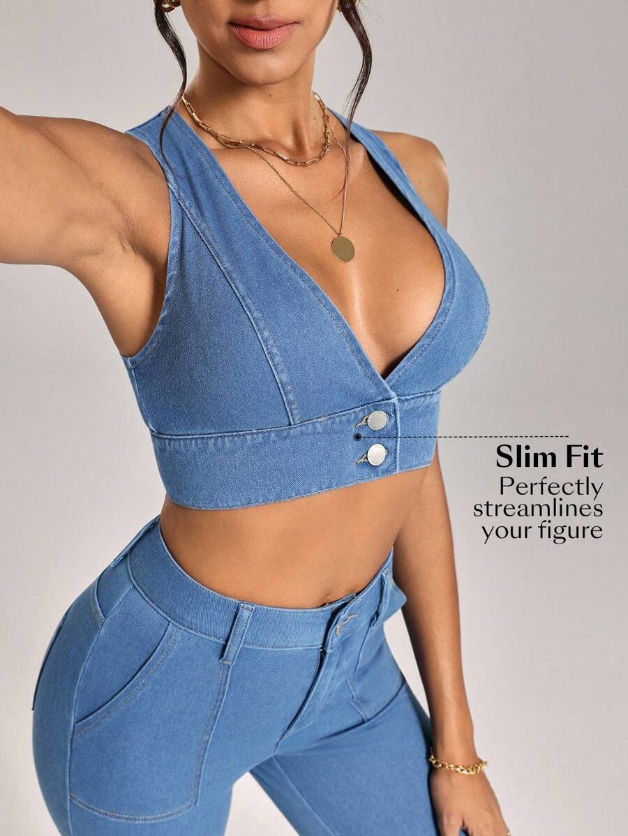 Flexra Chaqueta vaquera sin mangas, súper corta y sexy para mujer, de verano - Azul - Ver 1