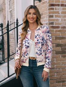 EMERY ROSE 女士花卉印花拉链夹克 - 杏色 - 查看 3