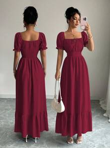 Selianne Đầm casual kẻ sọc thanh lịch mới mùa xuân/hè, kiểu dáng xếp ly eo, cổ tròn, dây buộc vai, tay phồng, viền bèo, thoải mái cho công sở và kỳ nghỉ. - Màu Đỏ Sâu - Xem 4