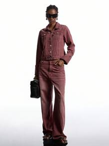 LYSMO Áo khoác denim cổ điển giặt thường ngày dành cho nữ - màu nâu - Xem 1