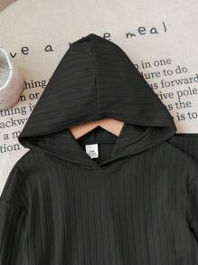 SHEIN 女婴可爱针织弹力纯色连帽衫上衣和弹力腰裤套装，秋冬季女婴罗纹两件套，女婴两件套服装，两件套，女童两件套，秋季套装 - 黑色 - 查看 9