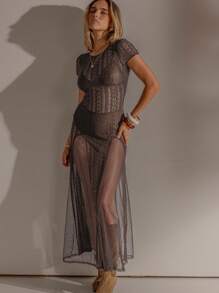 Aralina 女士性感透视蕾丝连衣裙，夏季 - 咖啡棕 - 查看 6