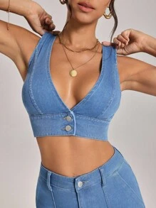 Flexra Chaqueta vaquera sin mangas, súper corta y sexy para mujer, de verano - Azul - Ver 3