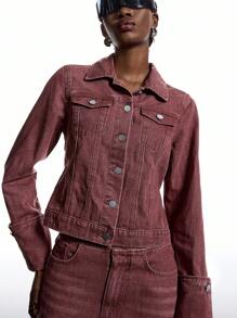 LYSMO Áo khoác denim cổ điển giặt thường ngày dành cho nữ - màu nâu - Xem 4